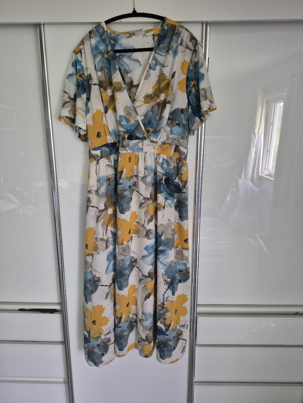 Floral Wrap Midi Dress in White with Yellow & Blue Bloom